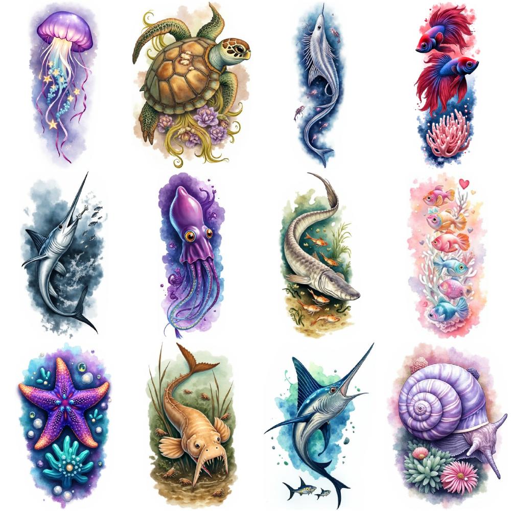 12 Stück Temporäre Tattoos Kampffisch Bunt Realistisch Seestern Seltsamer Fisch Wasserdicht Langlebig Körperaufkleber Schnecke Für