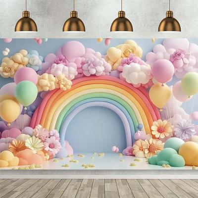 1 Colorful Balloon and Floral Party Background Cloth - Dreamy Pastel Design, Featuring Rainbows, Clouds and Flower Arches