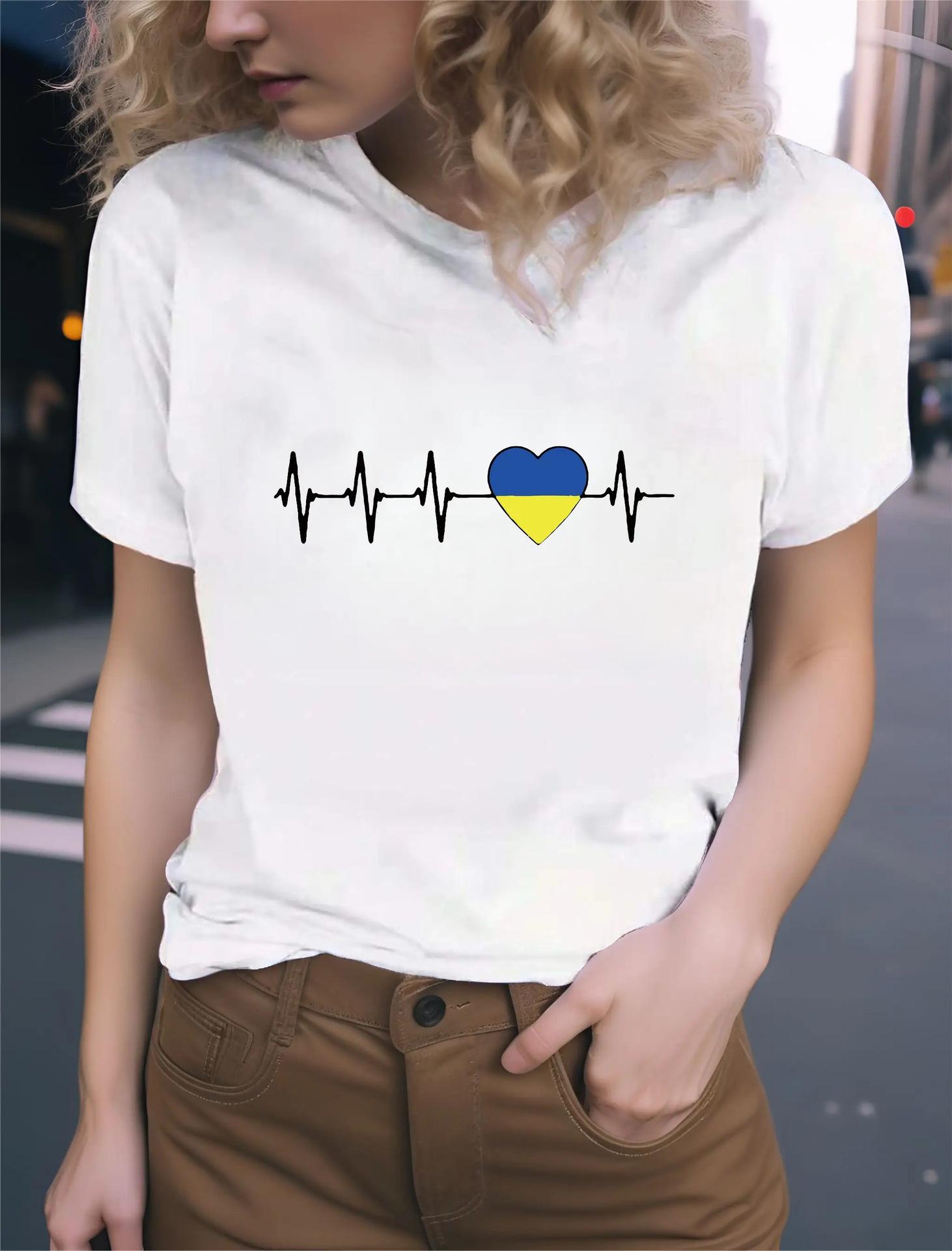 Women s Loose Colorful ECG Print Short Sleeve T-Shirt (European and American Style) M белый