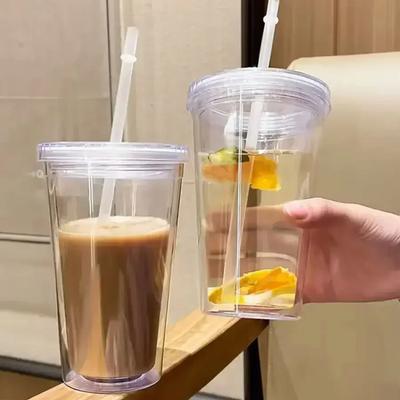1 st-Återanvändbar Dubbellagers Plast Transparent Drickkopp Vattenflaska med Lock Sugrörskopp Utomhus Dryck Te Mjölkmugg Verktyg