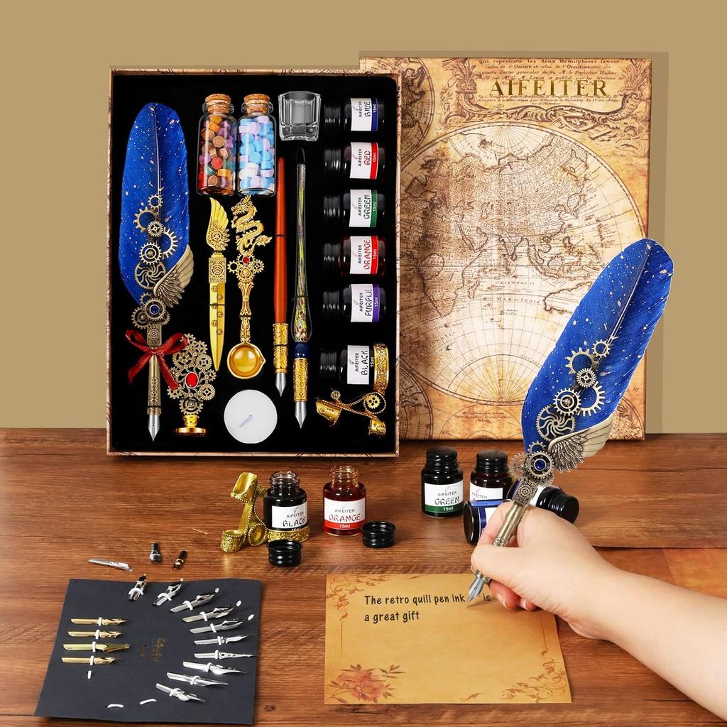 Quill Pen Ink Set-Feather Calligraphy Pen and Ink Set,Includes 6 Bottles of Ink,Quill Pen,Glass Dipping Pen,Wooden Dipping Pen,17 nibs,8 Sheets of