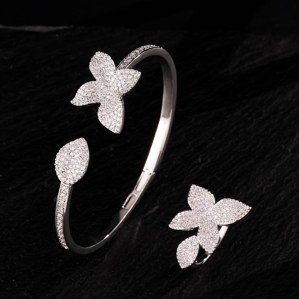 ZAKOL Bracelet Bague Luxueux Feuille Fleur Scintillante Micro-pavée Zirconia pour Femmes Manchette Exquise Mariage Fête Ensemble Zircon