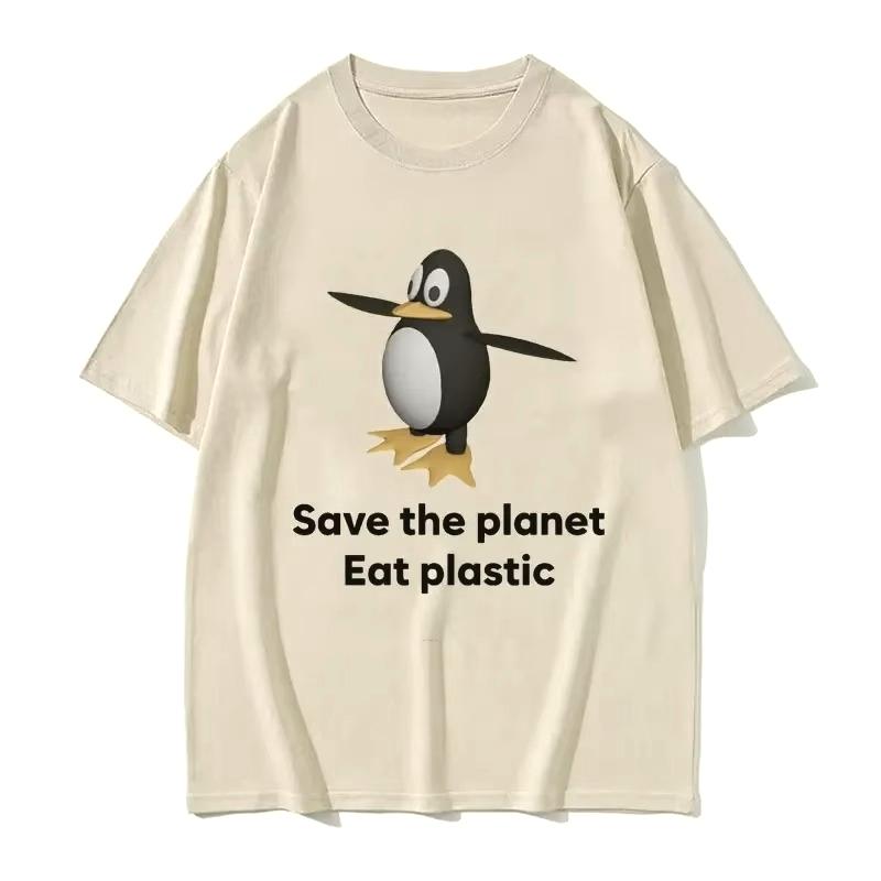 

Save The Earth Eat Plastic Funny Meme Summer T-Shirt Cute Penguin Graphics Woman T Shirt Fashion Casual Short Sleeve T-shirts S
