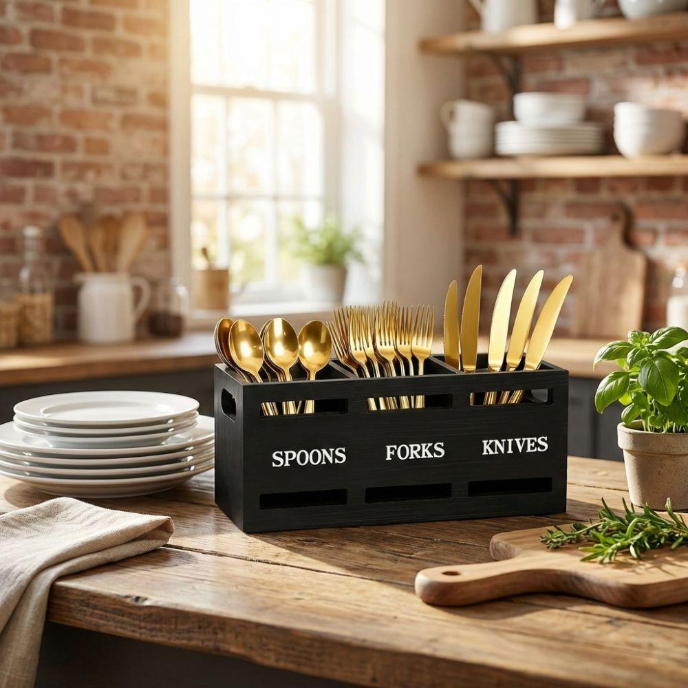 3 Compartments Cutlery Holder Wooden Storage Rack Portable Kitchen Utensil Holder  Table Countertop