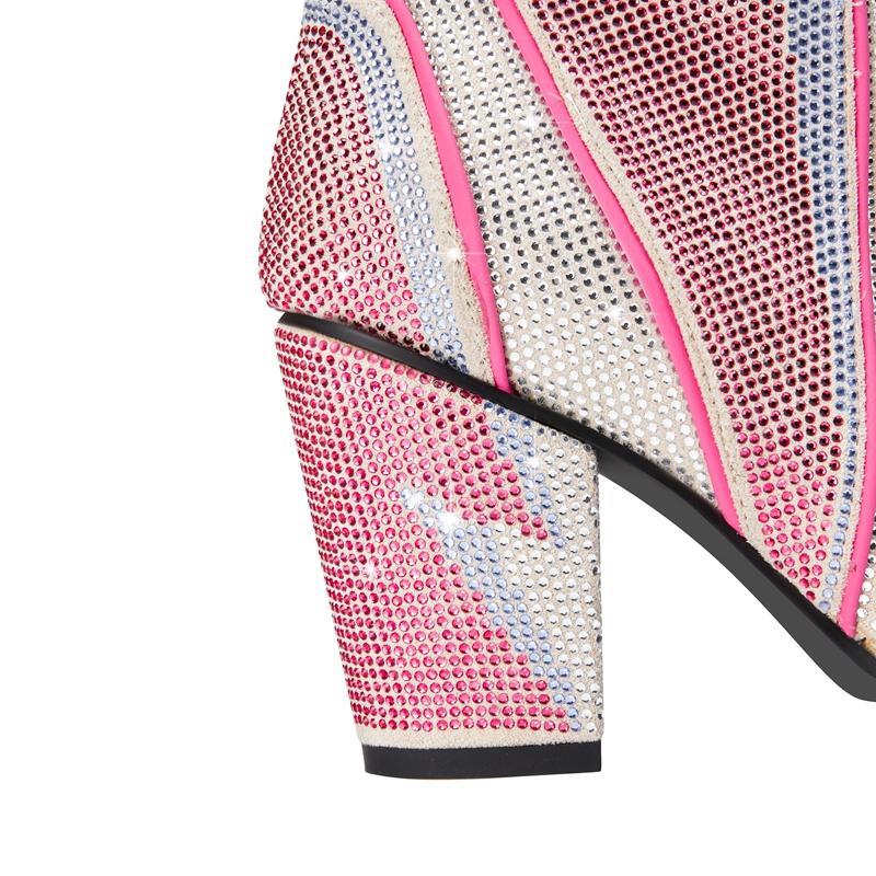 Fashion Women's New Calf Pointed Head Sexy Nightclub Europe and America Lightning Water Diamond Large Heel Short Boots