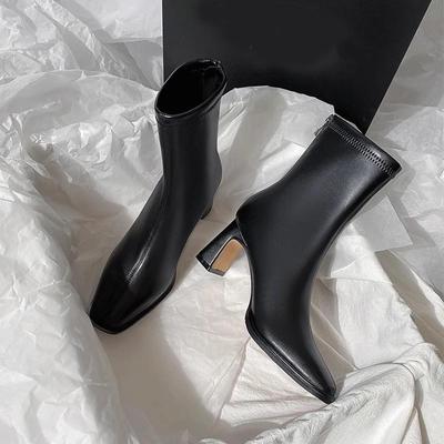Vierkante Enkellaarsjes Herfst Comfortabel Zacht Leer Hoge Hak Laarzen Damesmode Rits Eenvoudig Temperament Damesschoenen
