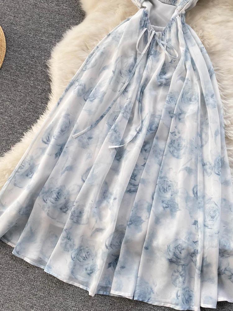 Summer Fashion Long Dress Women Print Floral Sexy Hollow Backless Strappy Party Dress Female Boho Vacation Beach Outing Sundress