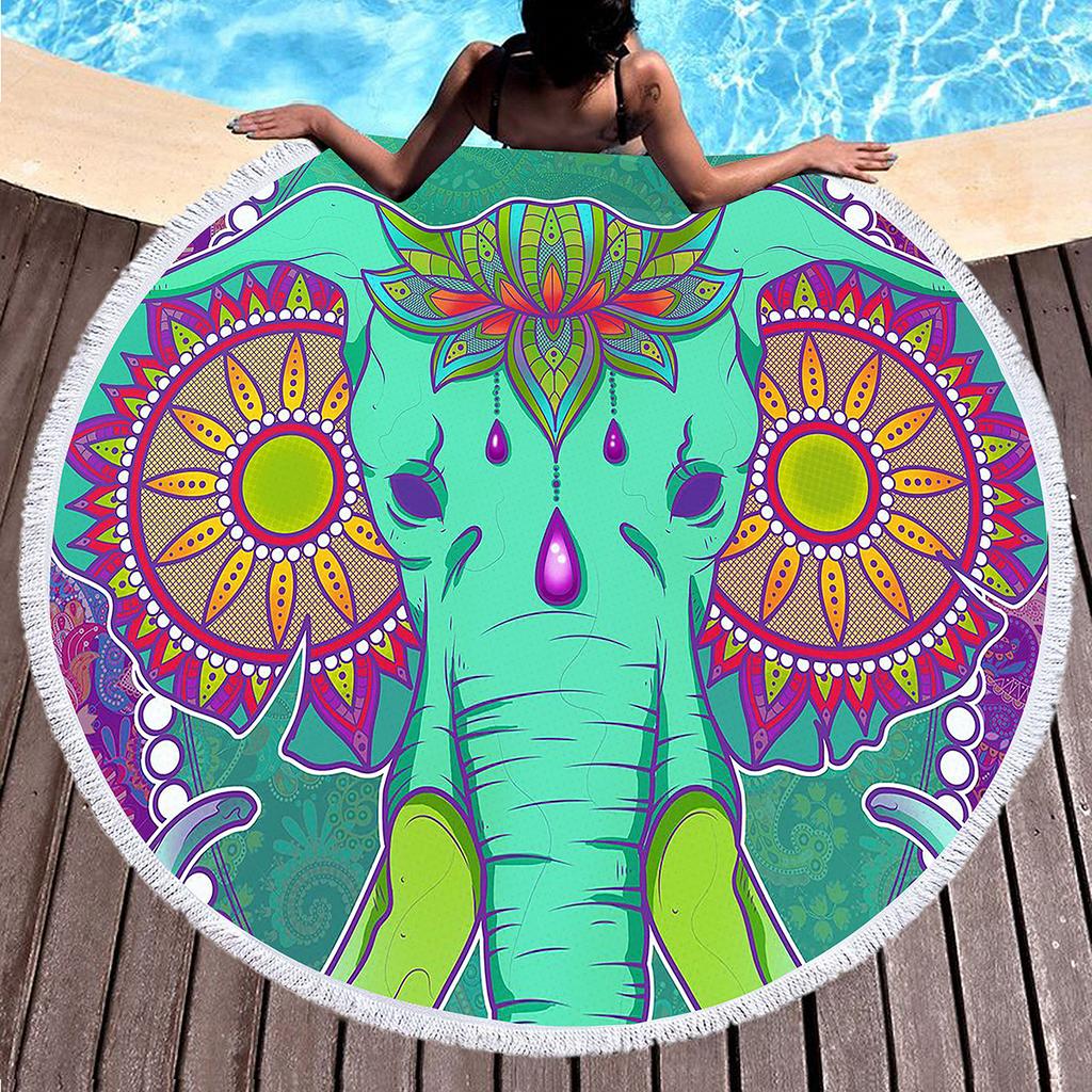 Wild Animal Elephant Round Beach Towel with Tassels Microfiber Soft Absorbent Quick Dry Sand Proof Towel For Picnic Camping Yoga