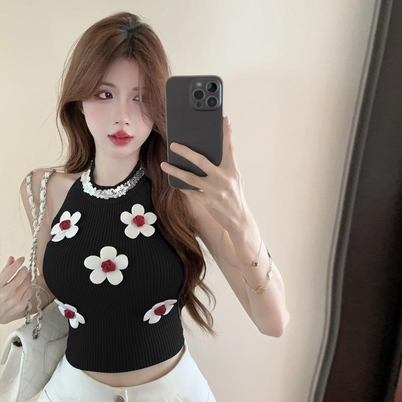 

Sweet Spice Girl Three-dimensional Flower Sequins Neck Slim Sling Vest Tide one size fits all чорний