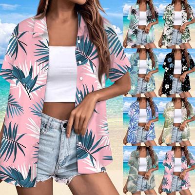 Chemise décontractée à manches courtes et revers boutonnés pour femme, imprimé arbre hawaïen