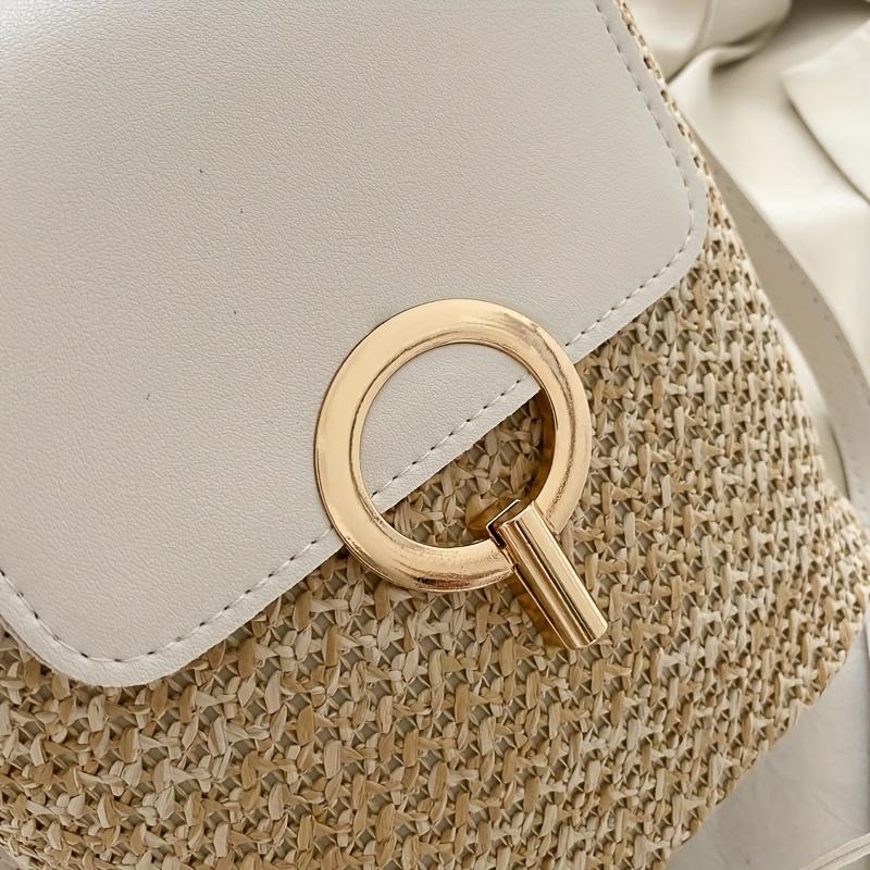 Women's Lightweight Straw-Textured Handbag with Golden-Tone Ring Lock Closure - Adjustable Strap, Spacious Interior Pocket, Spring Summer Beach Tote