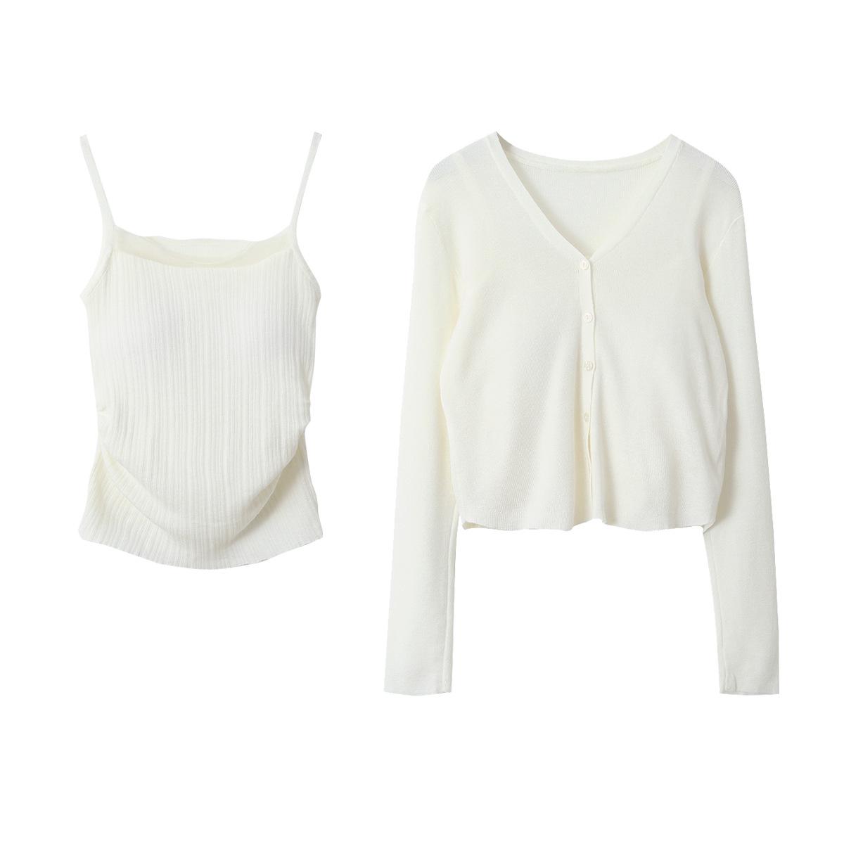 

Oufan Women s White Knit Cardigan and Camisole Set - Elegant, Long-Sleeved Spring Style One Size