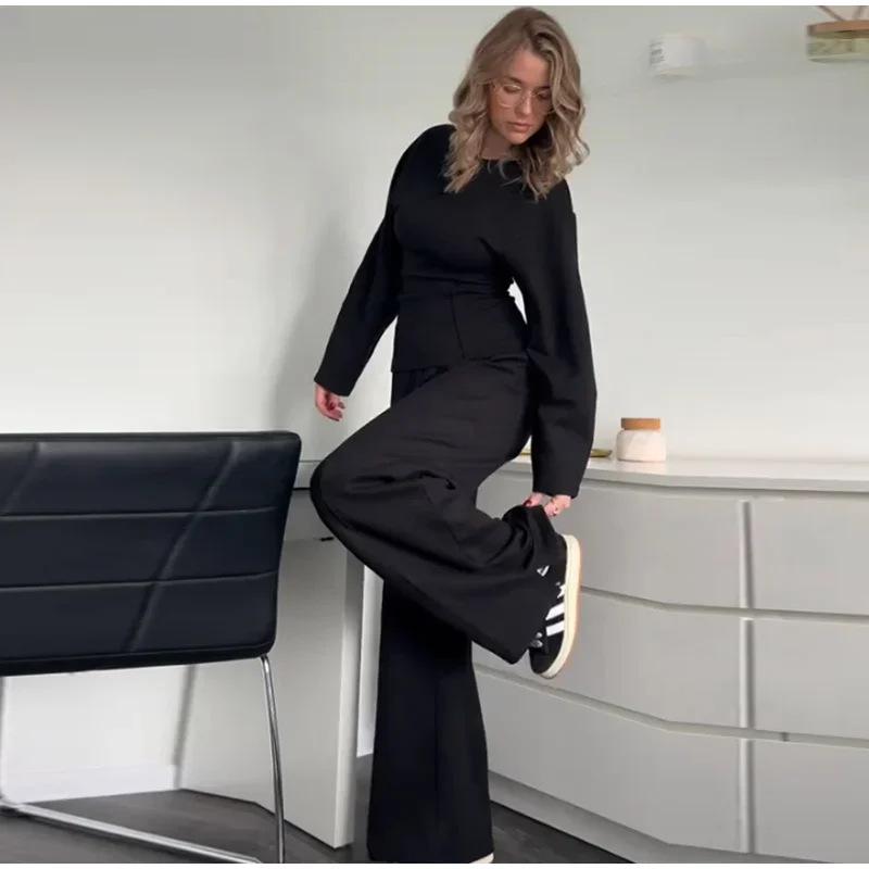 Autumn 2024 Women's Long Sleeve O-Neck Pleated Top & Wide Leg Pants Office Suit
