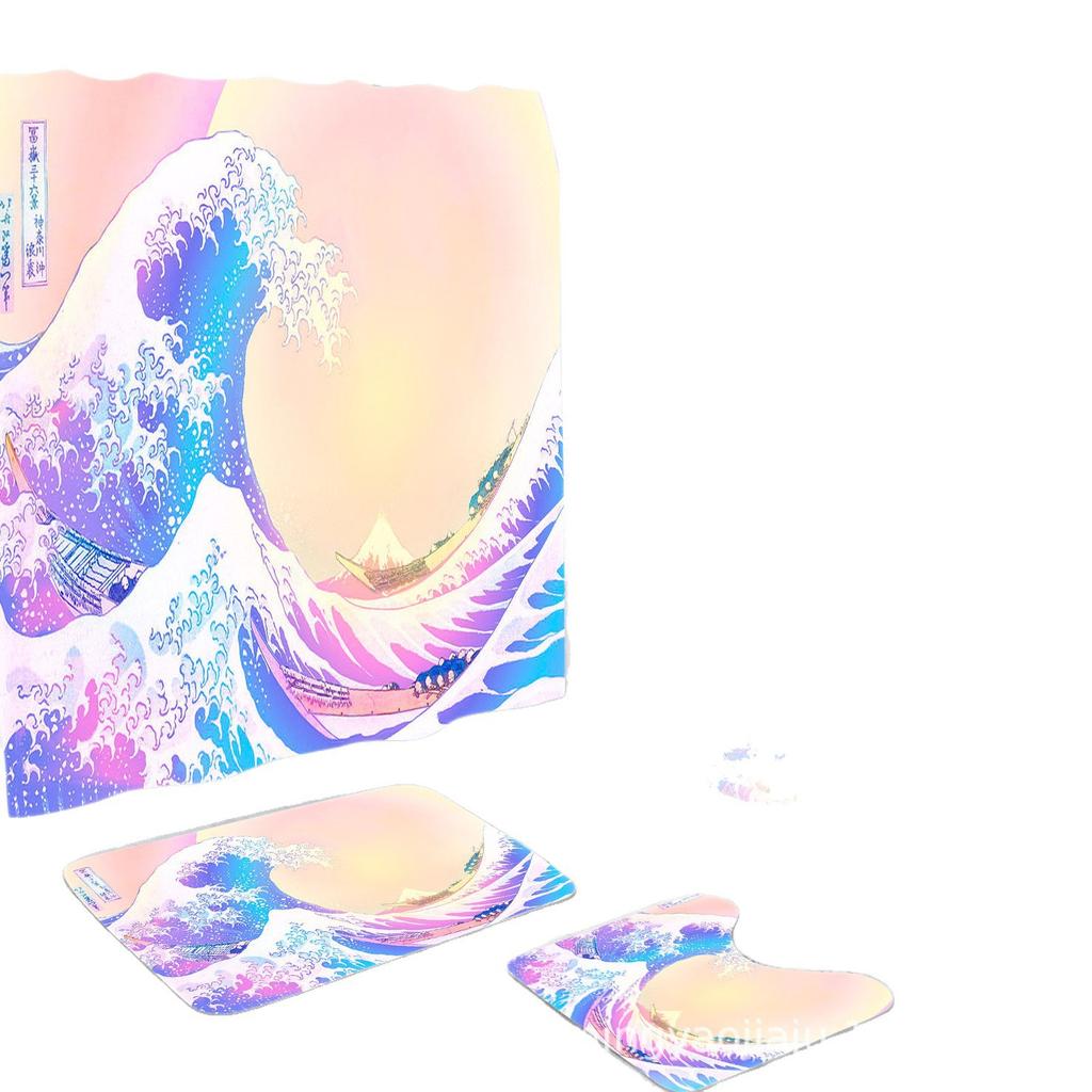 Direct Supply Digital Printing Shower Curtain Bathroom Partition Curtain Bathroom Floor Mat Four-Piece Set Three-Piece Set