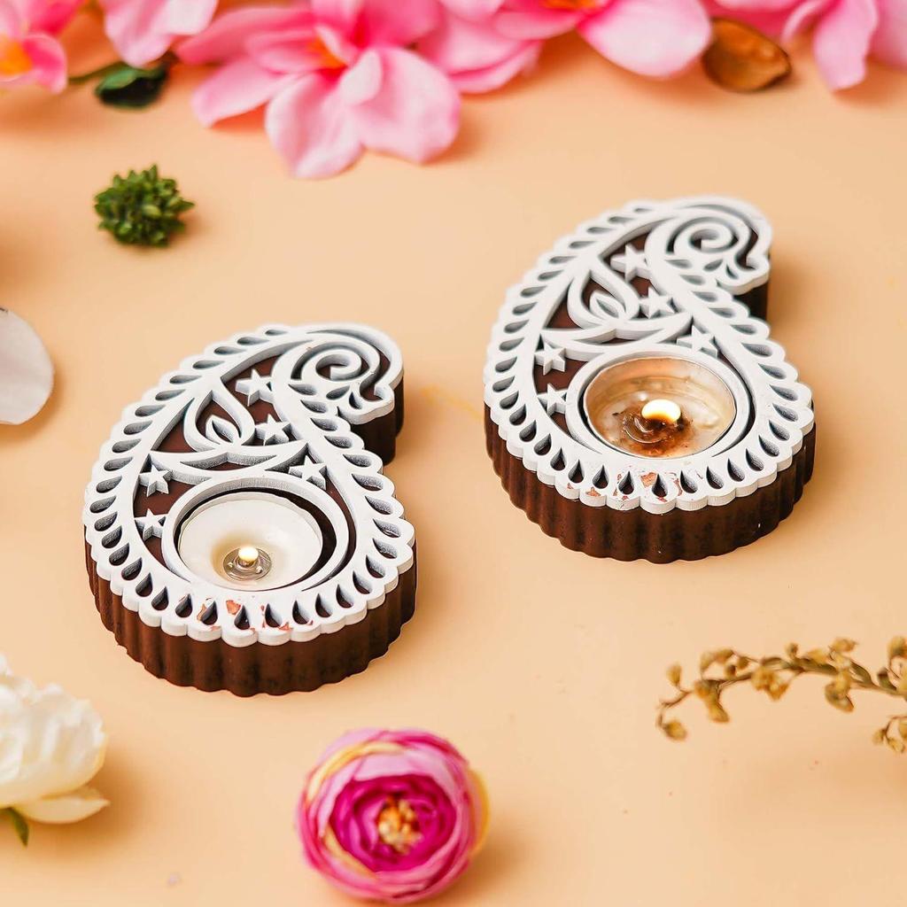 Buta Or Paisley Shaped Wooden Block Print Decorative Tea Light Candle Holders, Diya Stands For Diwali | Tea Light Holders
