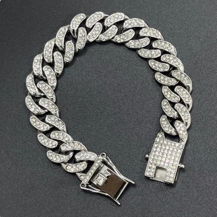 Luxury Hip Hop Dog Collar, Gold Tone Stainless Steel Cuban Chain, Durable Diamond Inlaid Pet Jewelry for Daily Walking