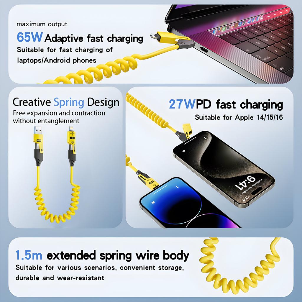 4 in 1 65W Spring Short Data Cable 6A USB Type C Spring Telescopic Quick Charger Wire Spring USB Cable for iPhone 16 15 14 13 12