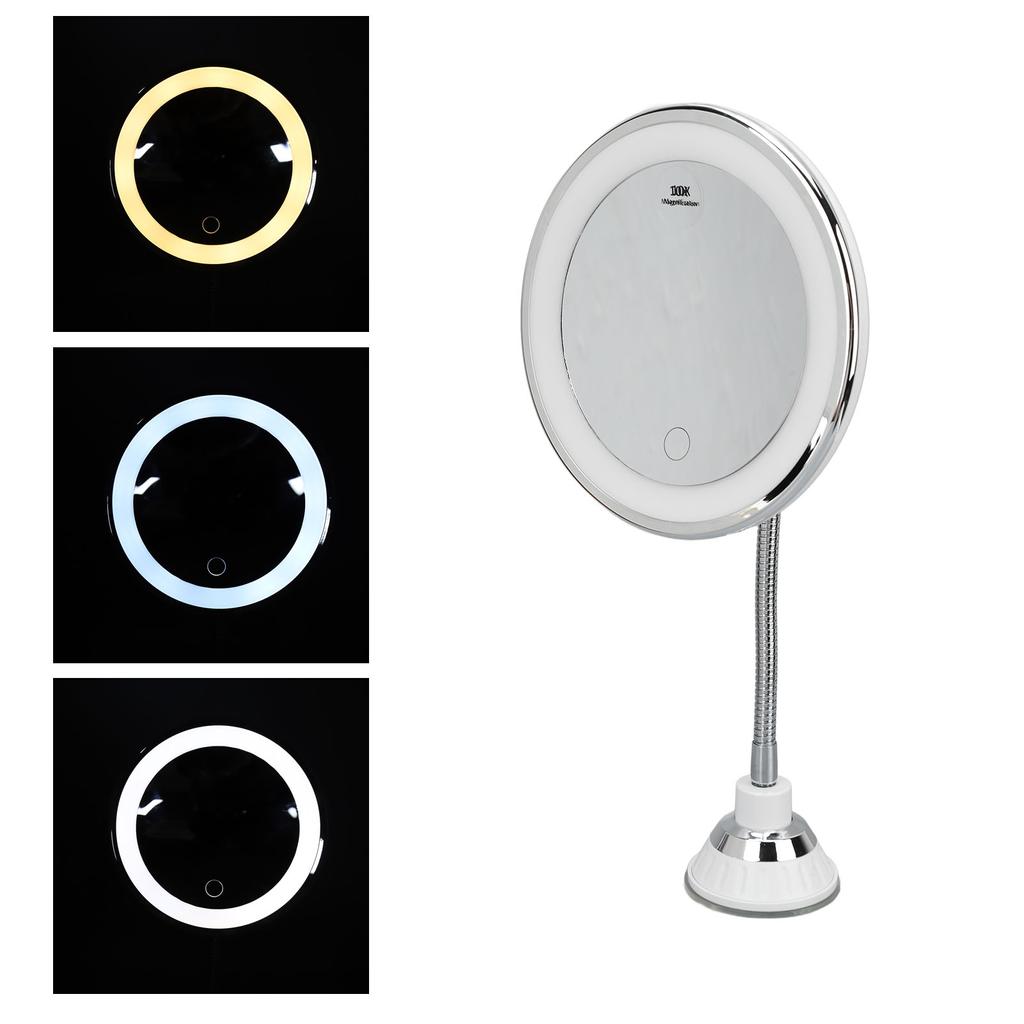 LED Makeup Mirror 10x Magnification Adjustable Brightness Three Light Colors Suction Cup Design Makeup Mirror