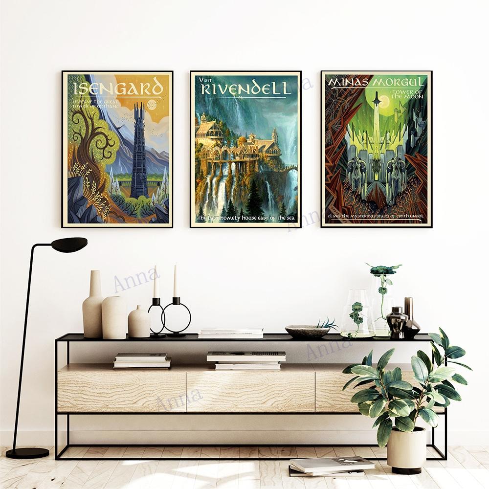 Canvas Painting Nordic Vintage Travel Poster and Prints Tolkien Middle Earth Landscape LOTR Art Wall Pictures Living Room Decor No Frame