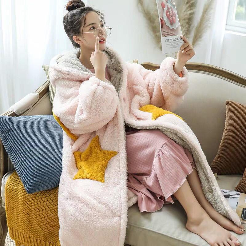 Winter Thick Coral Fleece Sleepwear Robe Winter Women Hooded Nightgown Kimono Bath Gown Loose Flannel Long Nightdress Home Wear