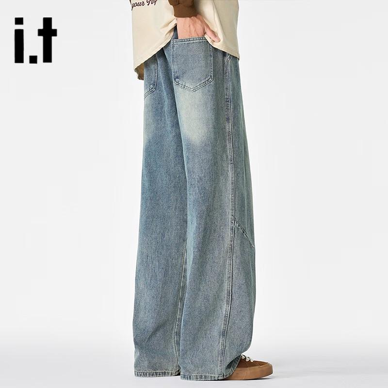 Izzue Men's American Retro Loose Fit Straight Wide-Leg Jeans