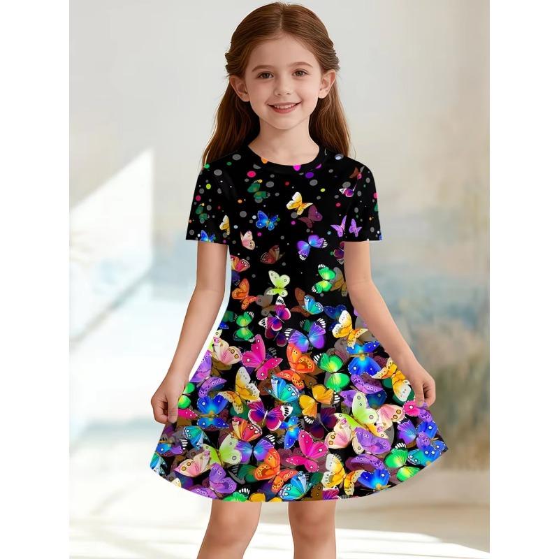 Dress for Girls Beautiful Butterfly Short Sleeve Dress Summer Loose Girls' Casual Dress Round Neck Hot Sale Girl Clothes