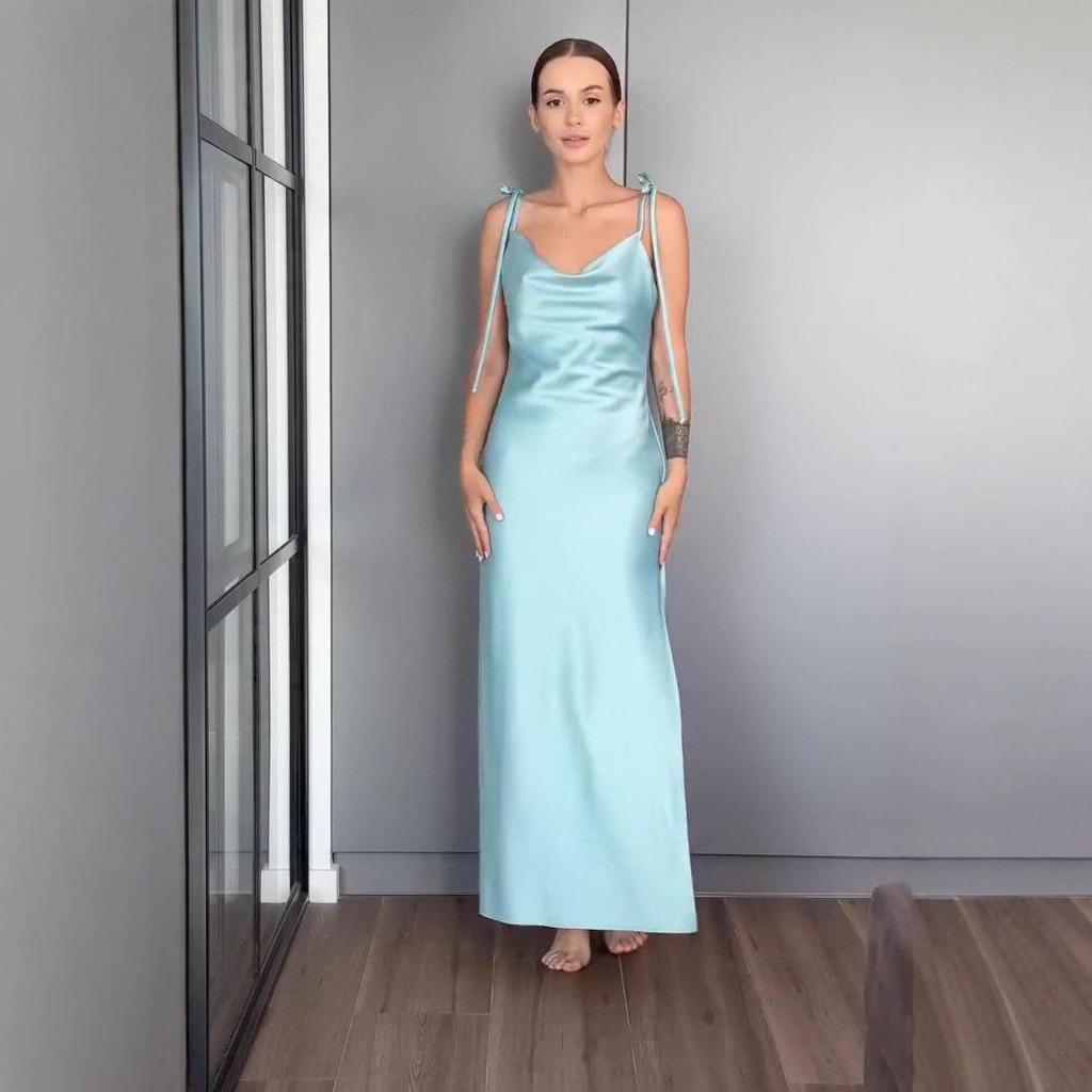 2025 Summer Satin High Waist Spaghetti Strap Backless Long Dress for Women - Sleeveless & Sexy