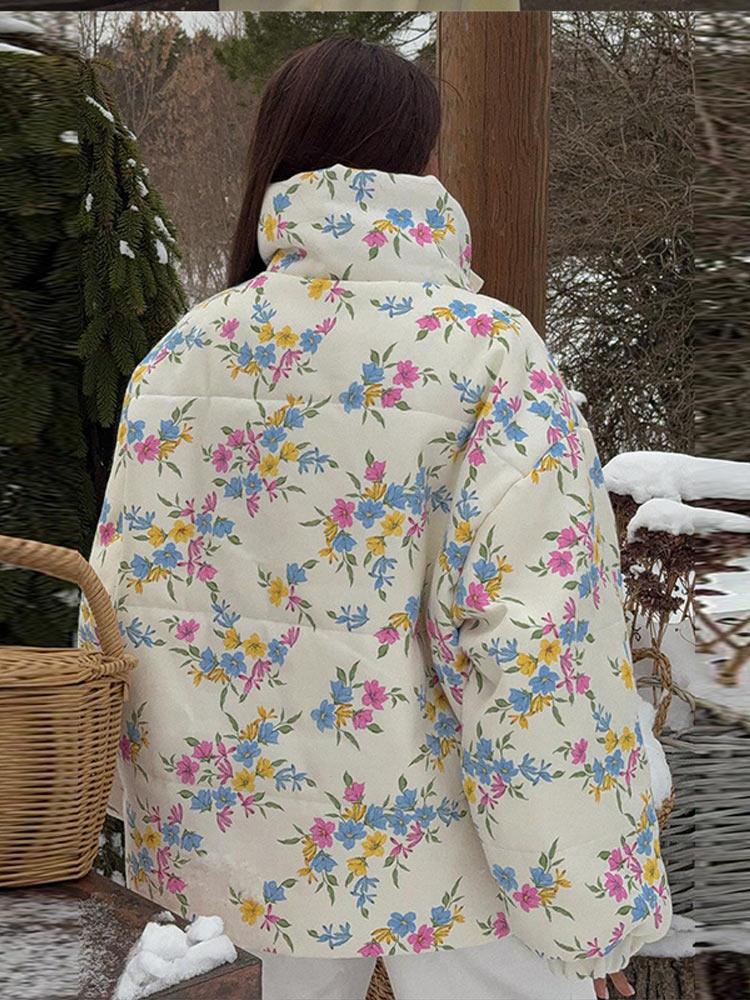 Damen Baumwollgepolsterte warme Jacke Damen dünne Daunenjacke Damen bedruckte Reißverschlussreversjacke Modestil Herbst und Winter