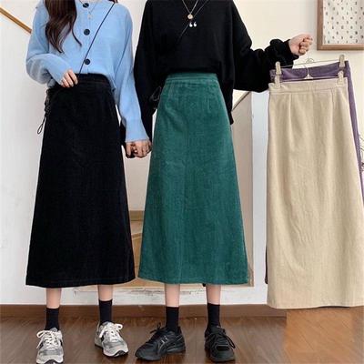 Kordurová áčková tužková sukně v korejském stylu, dámská střední délky, podzim/zima, přiléhavý design s rozparkem