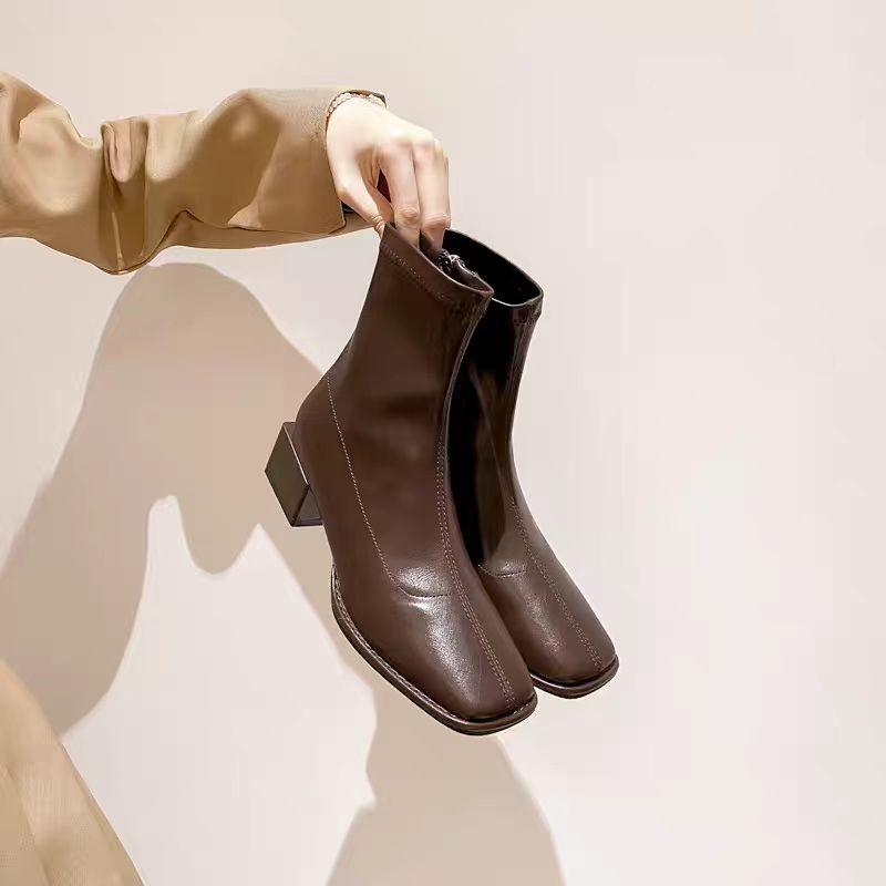 New Autumn Winter Versatile Boots Fangtou Outdoor Anti Slip Shoes Thick-heel Women's Elastic Boots Woman Shoes High Boot Botas