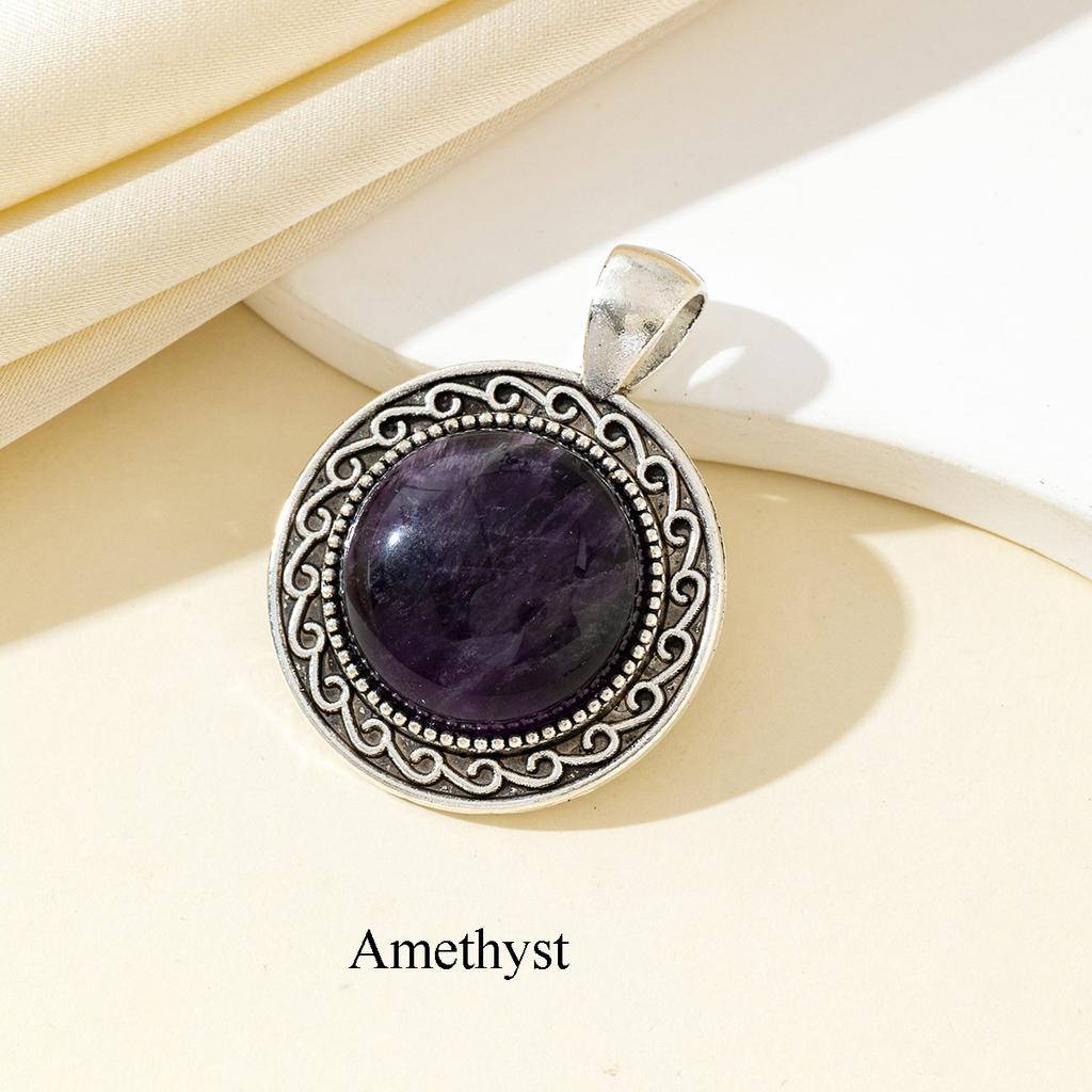 1 Stück Vintage Silber Filigran Rund Naturstein Anhänger Einzelner Edelstein Cabochon Charme für DIY Halskette Schmuckherstellung