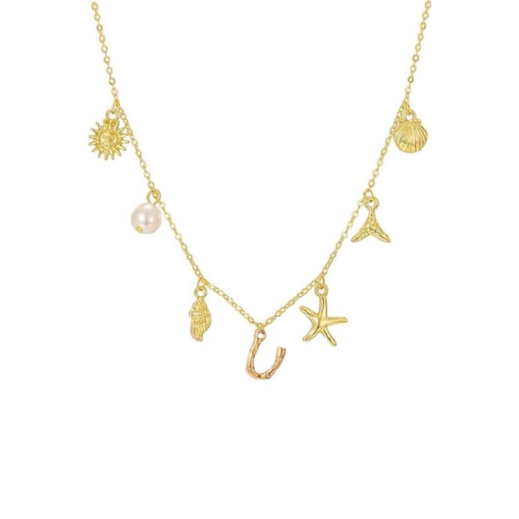 Ocean Theme Gold Charm Necklace with Initial Shells Letter Pendant Suitable for Surfer Girls and Beach Enthusiasts