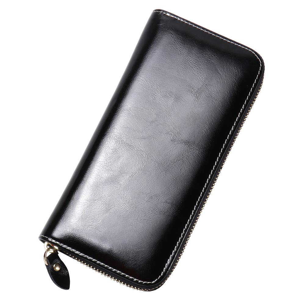 Women'S Leather Long Zipper Clutch Bag Oil Wax Leather Wallet Cowhide Change Bag Key Card Bag