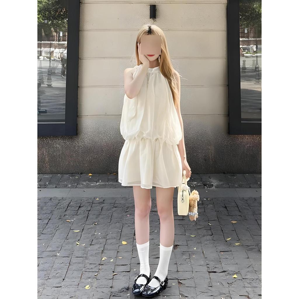 French sweet first love sleeveless neck dress casual summer new bow tie small skirt