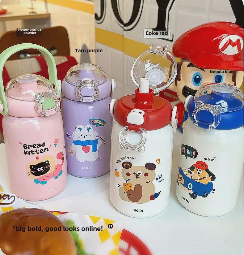 Entzückender tragbarer Thermosbecher für Kinder – Edelstahl 316, Design mit doppeltem Strohhalm