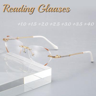 Luxuriöse randlose Lesebrille mit Diamantschliff für Damen, Presbyopie, Blaulichtfilter, fertige optische Brille, Dioptrien +1.0 bis +4.0