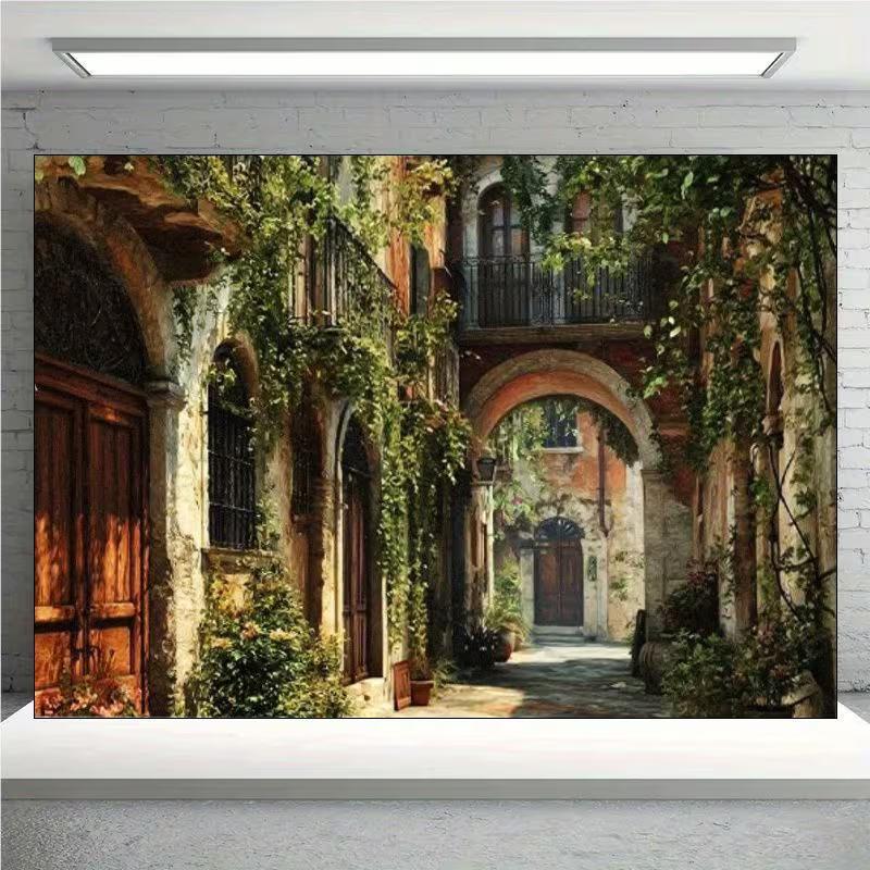 2D Romantische Europäische Gasse Kulisse, Altstadt mit Grünen Ranken für Fotoshooting
