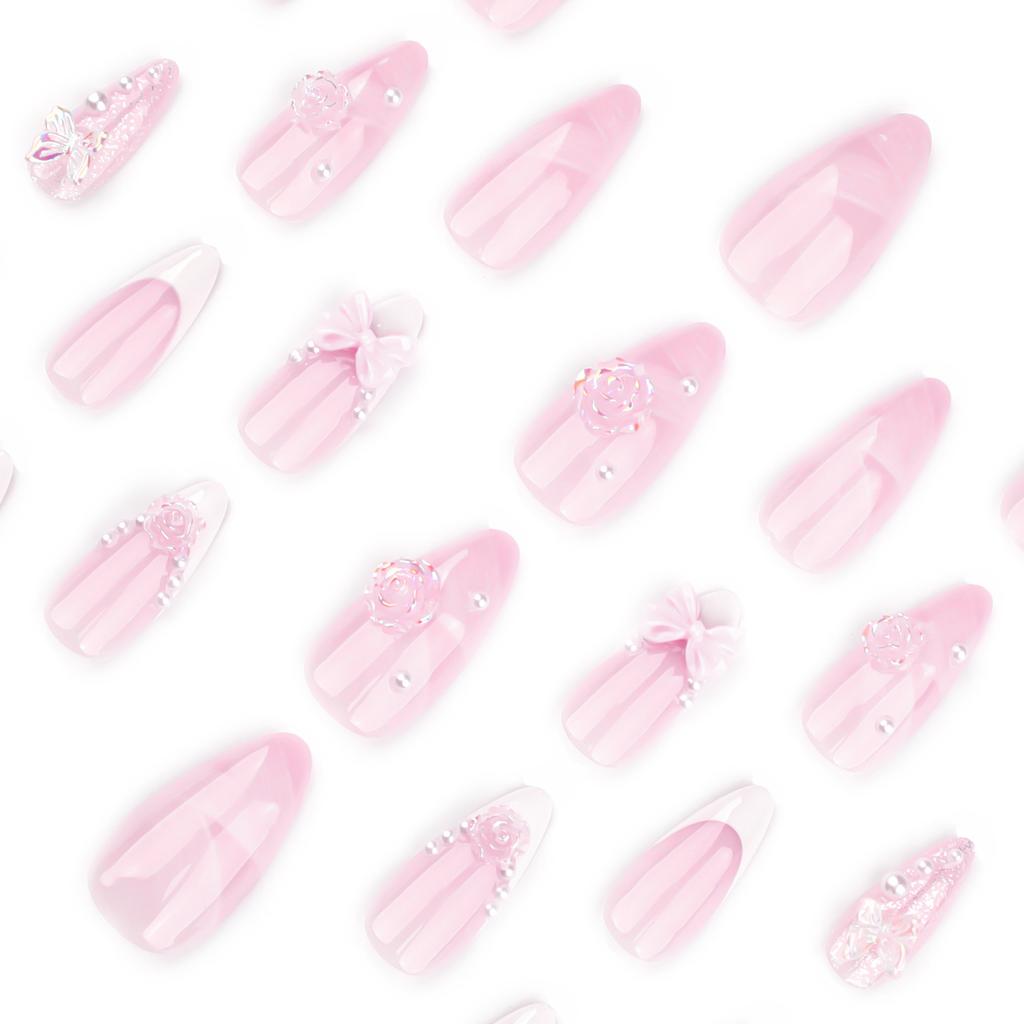 24Pcs French Almond Press On Nails White Pink Glossy Bowknot Camellia Butterfly Decor Sweet False Nails