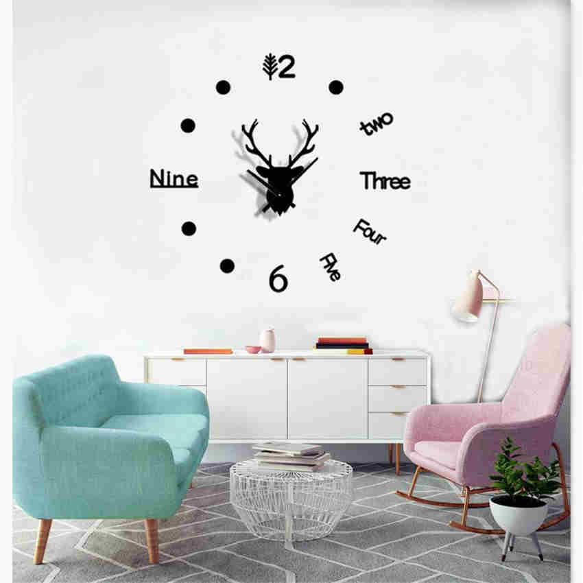 Creative Deer Head Wall Clock Frameless DIY Wall Mute Clock 3D Surface Sticker Home Wall Decor