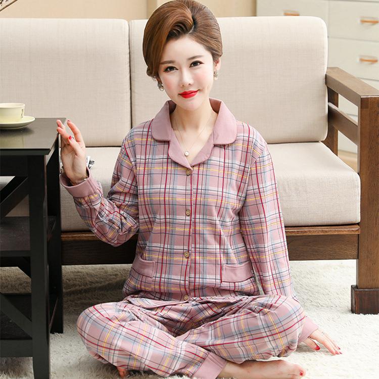 Middle-aged women's 100% pure cotton pajamas women's summer long-sleeved pajamas middle-aged and elderly mother loungewear thin suit