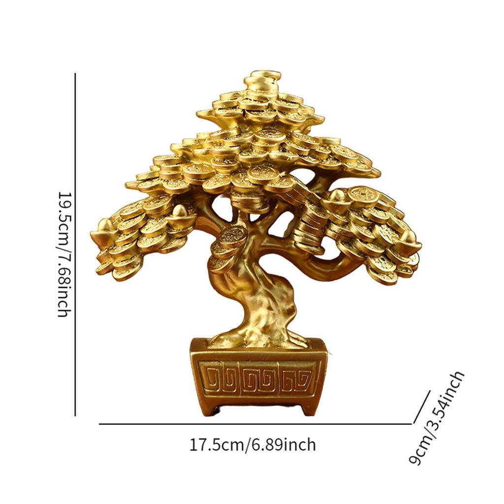 Chinese Money Tree Table Ornament Resin Figurine Lucky Tree Sculpture 6.8x3.5x7.6inch for Bedroom
