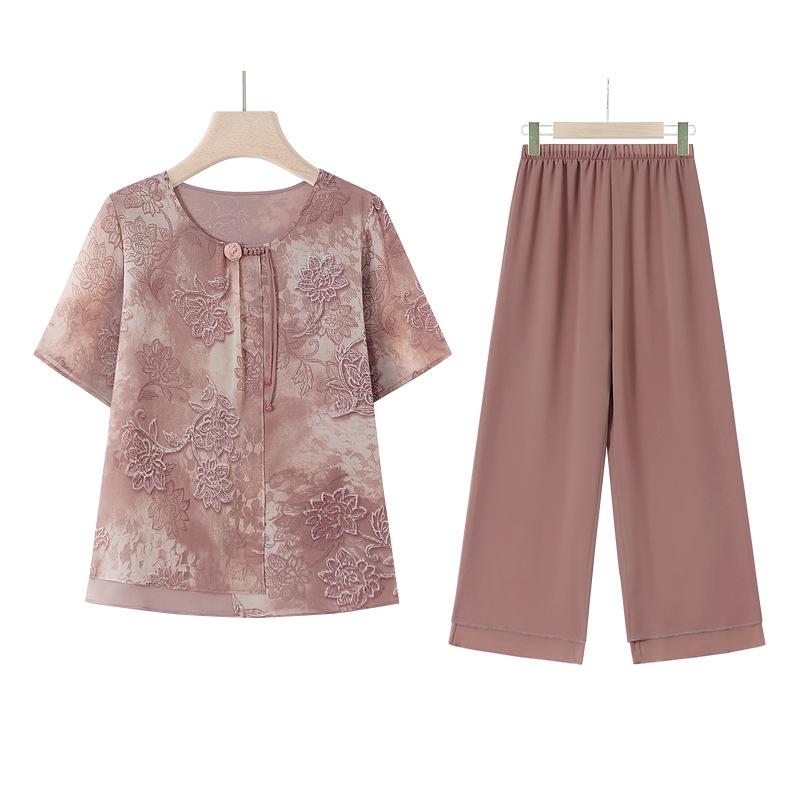 Summer 2025 Chiffon T-shirt & Blouse Set for Middle-Aged & Elderly Women - Fashionable Short-Sleeve Two-Piece