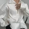 Men Shirt White Long Sleeve Lapel Lace-up Collar Pullover Tops Vertical Stripe Texture