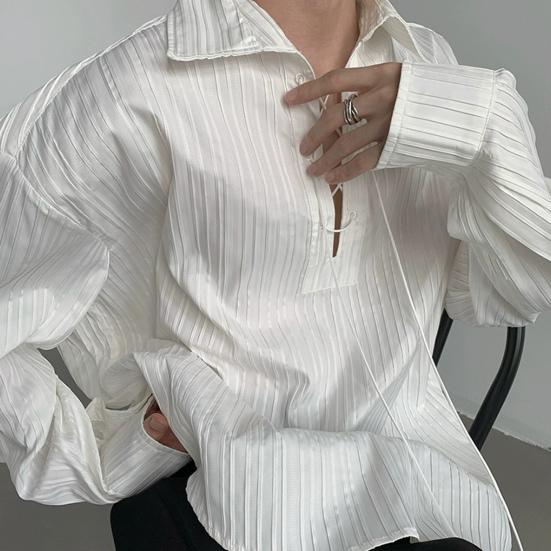 Men Shirt White Long Sleeve Lapel Lace-up Collar Pullover Tops Vertical Stripe Texture