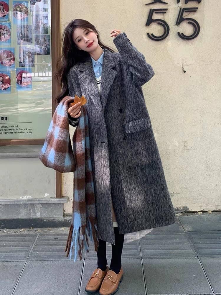 Náladový Nadměrný Korejský Francouzský Hepburn Styl Šedý Dlouhý Vlněný Streetwear Kabát