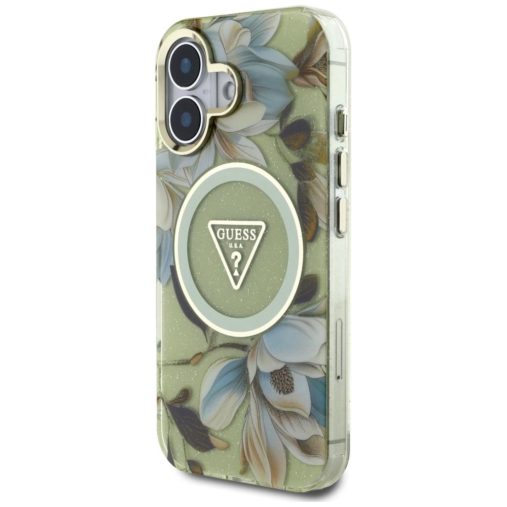 Etui Guess Glitter Flowers Triangle      Buttons Magsafe Do Iphone 16 Zielony