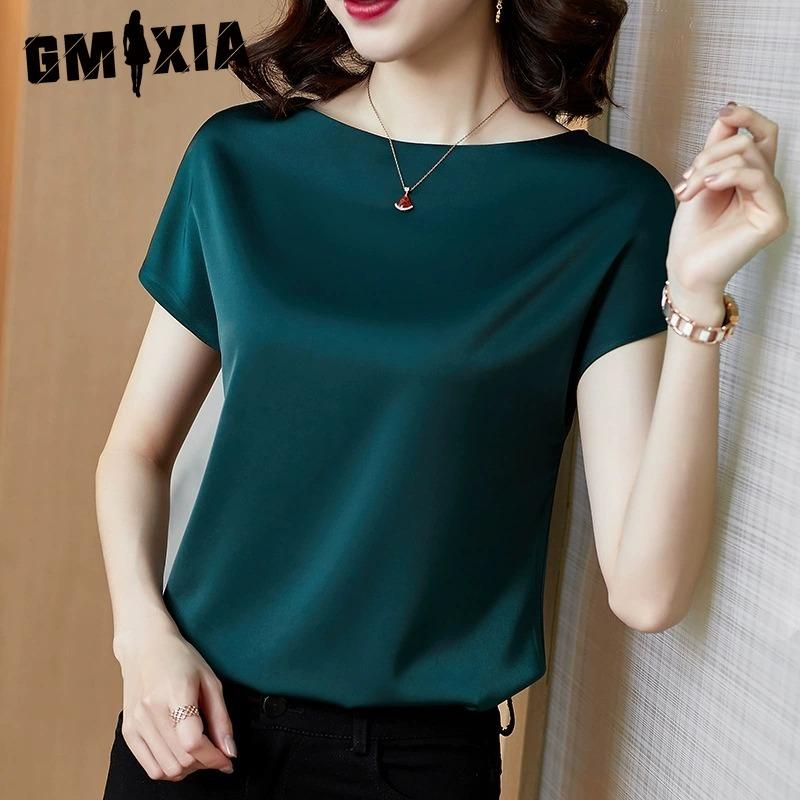 GMXIA Women's Fashion Casual Solid Color Print Short Sleeve O Neck Blouses & Shirts