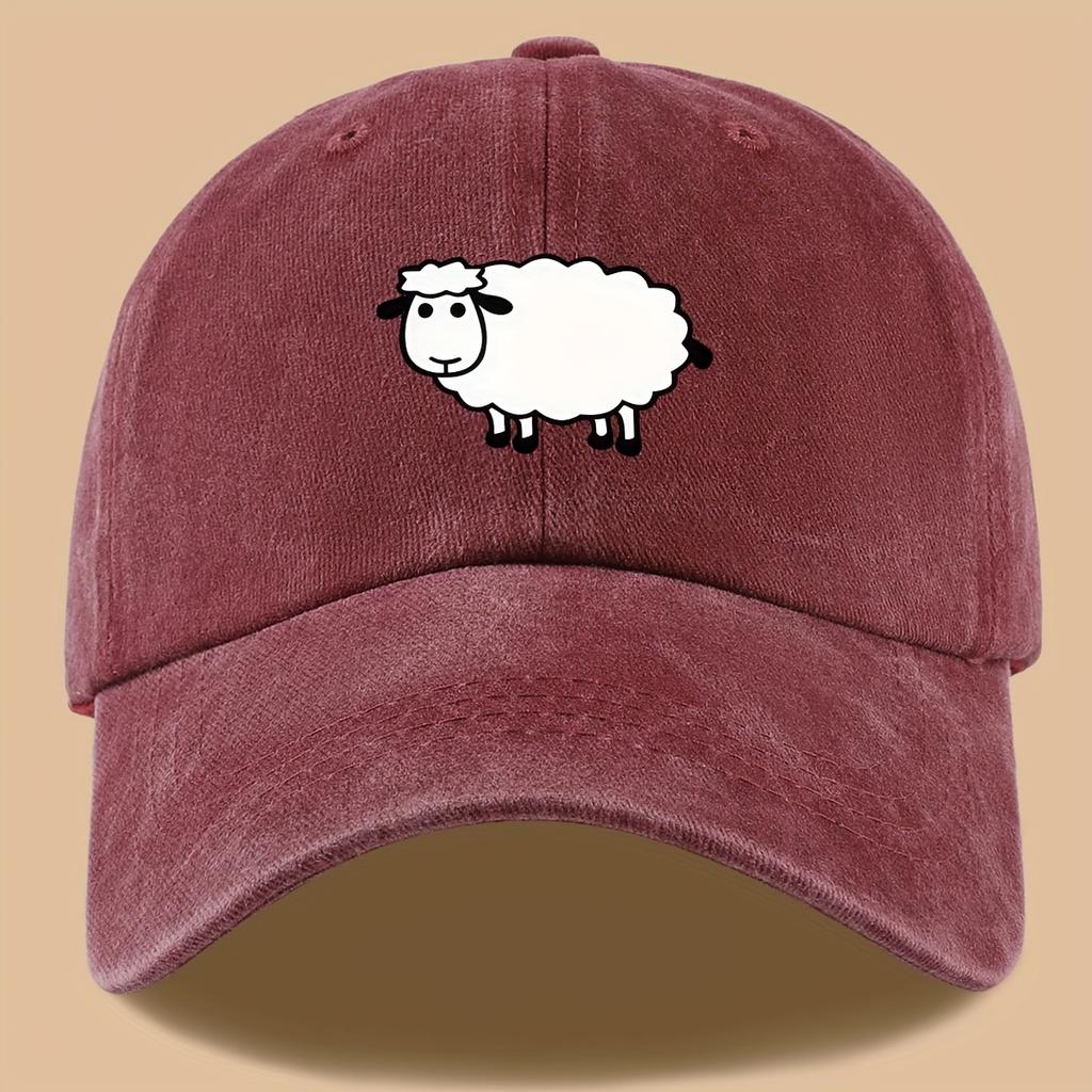 Lamb print truck cap with adjustable retro wash design suitable for outdoor activities, vacations, hiking, fishing