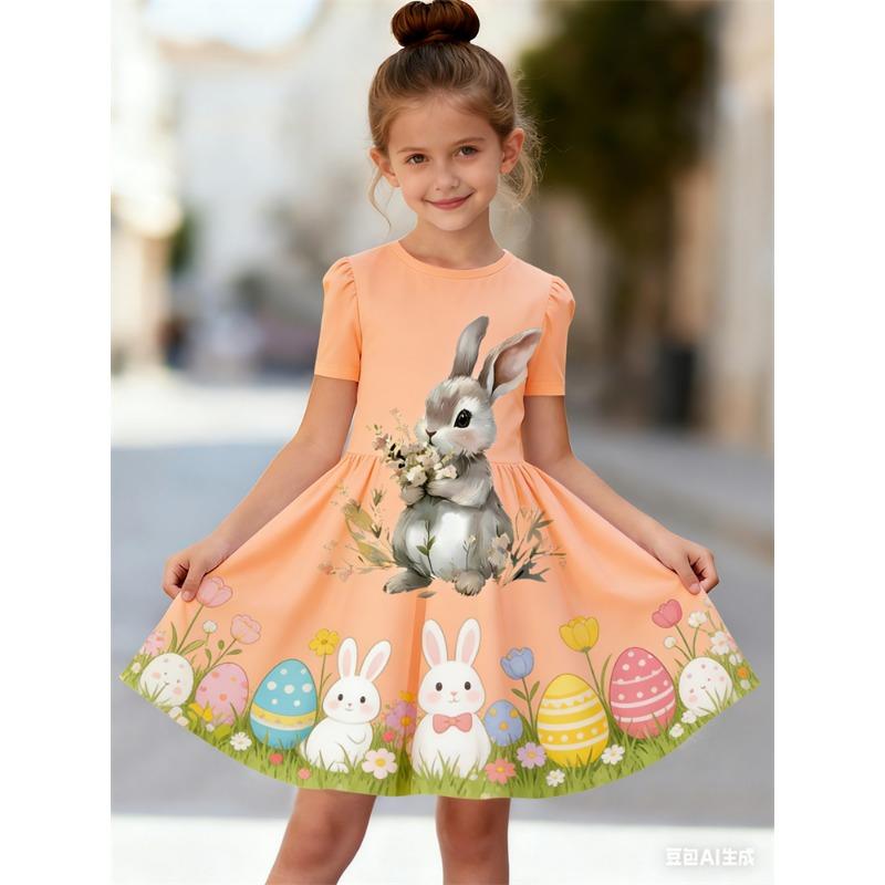 Girls' 3D Rabbit Print Summer Short Sleeve Dress | Crew Neck, A-Line Skirt, Perfect for Beach Outings and Casual Wear