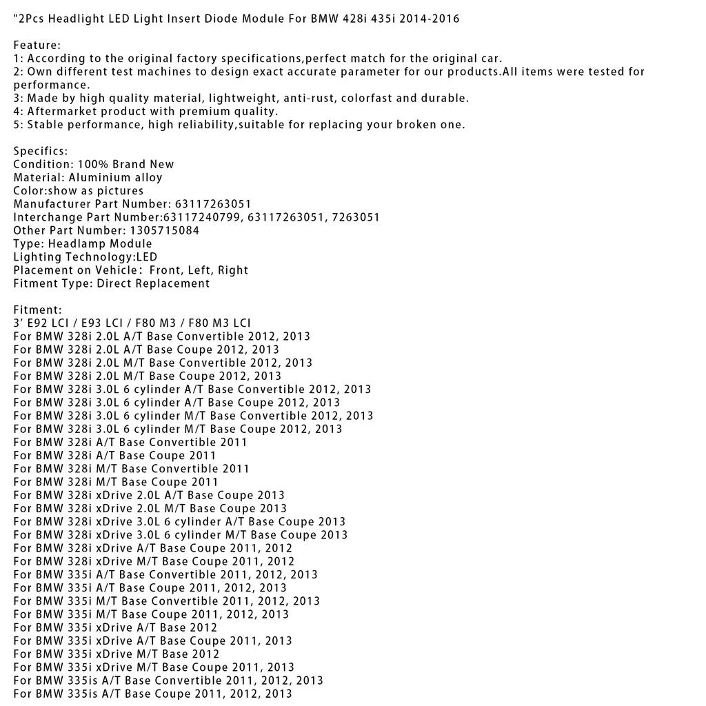 2Pcs Headlight LED Light Insert Diode Module For BMW 428i 435i 2014-2016